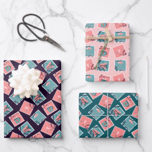 Pink  Teal Love Postage Stamps Wrapping Paper Sheets