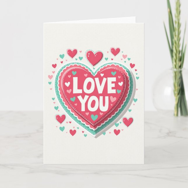 Pink Teal Love You Hearts Card (Front)