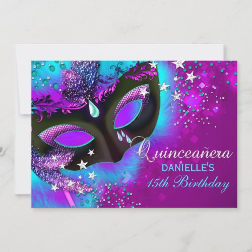 Pink  Teal Masquerade Quinceanera Invitation