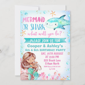 Pink Teal Mermaid and Shark Birthday Invitation