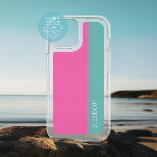 Pink Teal Modern Minimal 2 Color Design with Name iPhone 15 Case