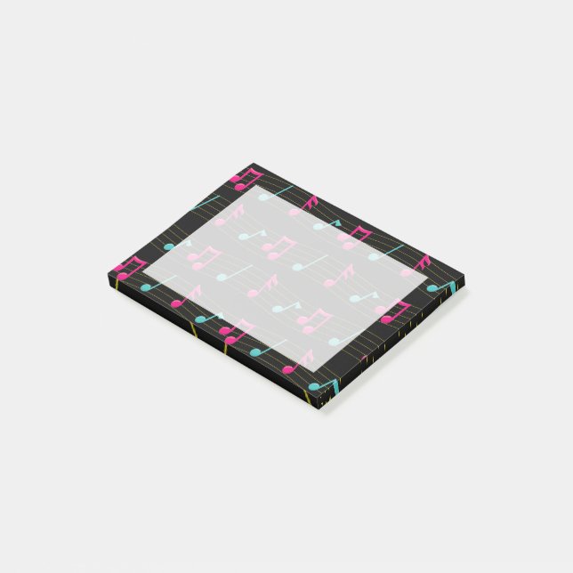 Pink & Teal Music Notes on Black Post-it® Notes (Angled)