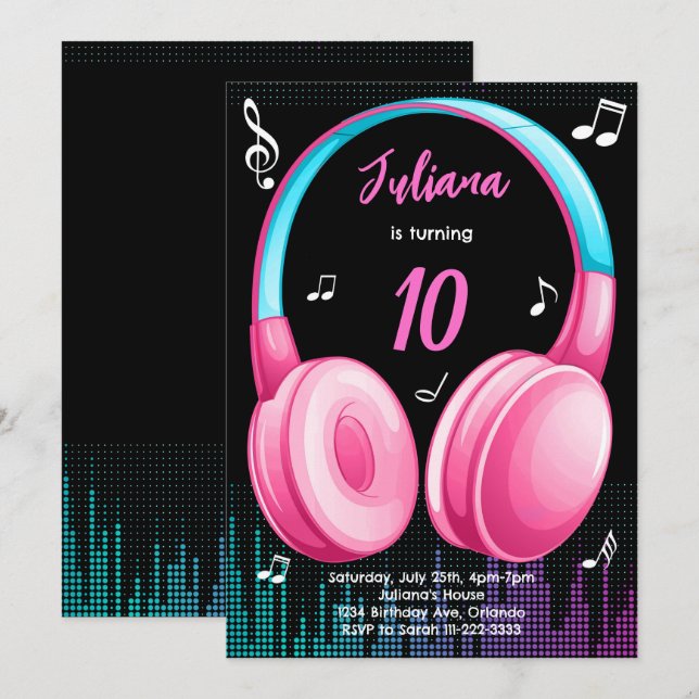 Pink Teal Musical Birthday Invitation (Front/Back)