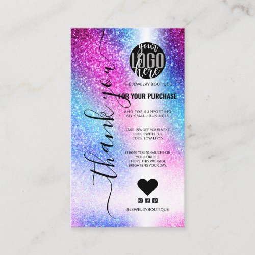 Pink Teal Nebula Galaxy Glitter Order Thank You Business Card
