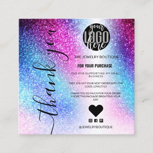 Pink Teal Nebula Galaxy Glitter Order Thank You Square Business Card