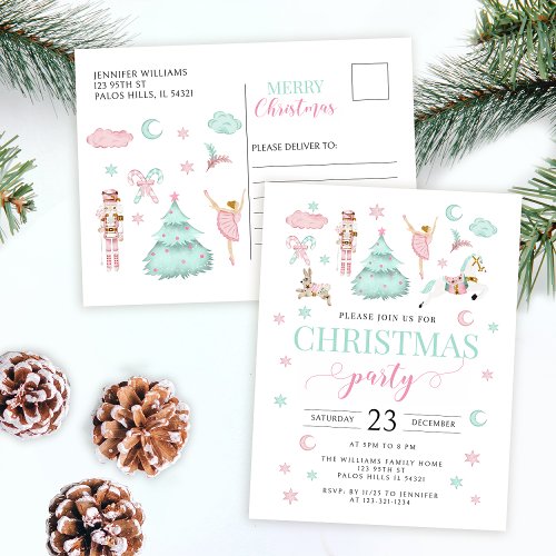 Pink teal nutcracker ballet candy Christmas party  Holiday Postcard