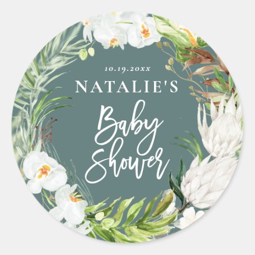 Pink teal  orchid tropical floral baby shower classic round sticker
