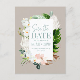 Pink, teal + orchid tropical floral save the date announcement postcard