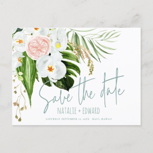 Pink teal  orchid tropical floral save the date announcement postcard