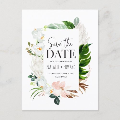 Pink teal  orchid tropical floral save the date announcement postcard