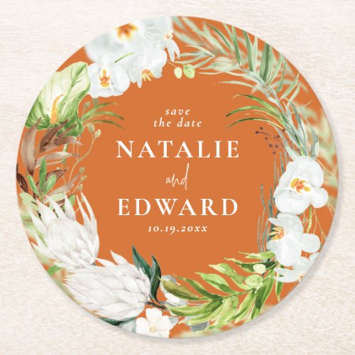 Pink teal  orchid tropical floral save the date round paper coaster