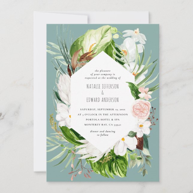 Pink, teal + orchid tropical floral wedding invite (Front)