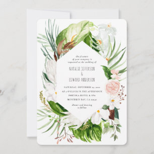 Pink, teal + orchid tropical floral wedding invite