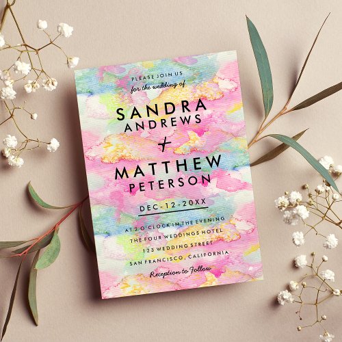 Pink teal pastel modern watercolor wedding invitation