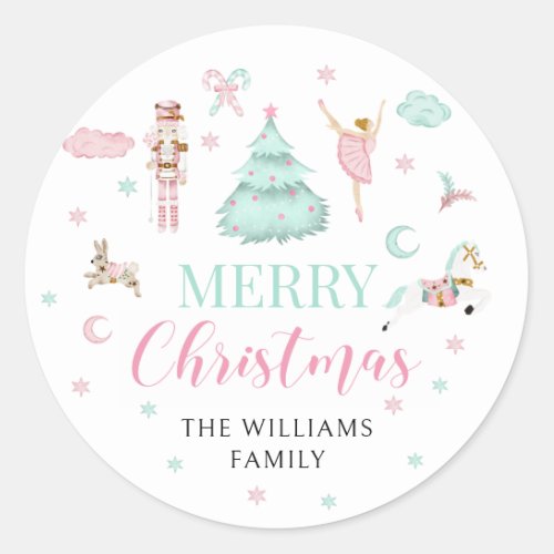 Pink teal pastel nutcracker merry Christmas Classic Round Sticker