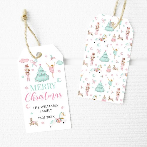 Pink teal pastel nutcracker merry Christmas tags