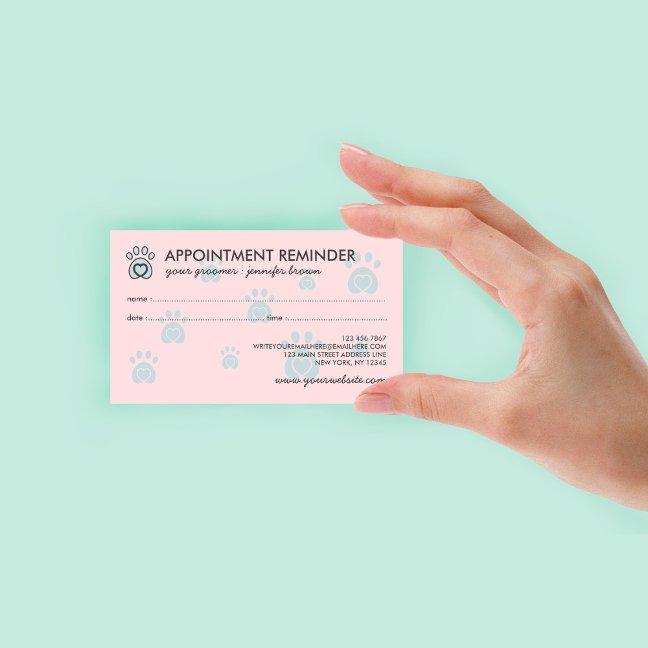 Pink Teal Paw Logo Elegant Pet Appointment Business Card