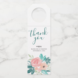 Pink Teal Peach Botanical Bouquet Wedding Favor Bottle Hanger Tag