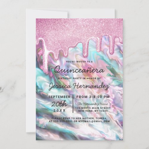 Pink Teal Pearl Opal Glitter Drips Quinceaera Invitation
