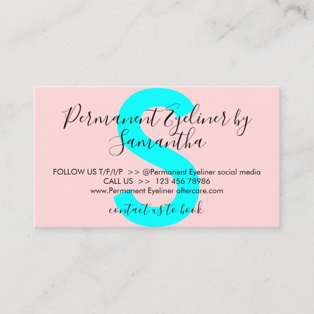 Pink Teal Permanent Eyeliner Avoids Aftercare Business Card (Front)