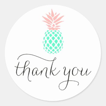 Pink Teal  Pineapple Thank You Classic Round Sticker by paesaggi at Zazzle