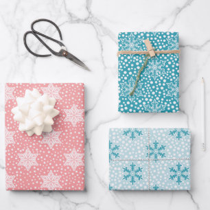 Pink Teal Polka Dots Snowflakes Christmas Wrapping Paper Sheets