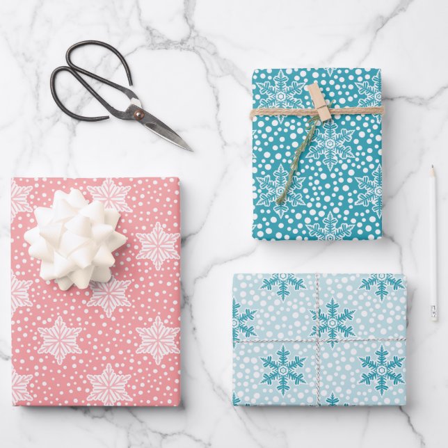 Pink Teal Polka Dots Snowflakes Christmas Wrapping Paper Sheets (Front)