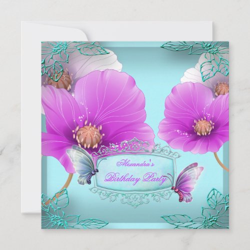 Pink Teal Purple Butterfly Birthday Party Invitation