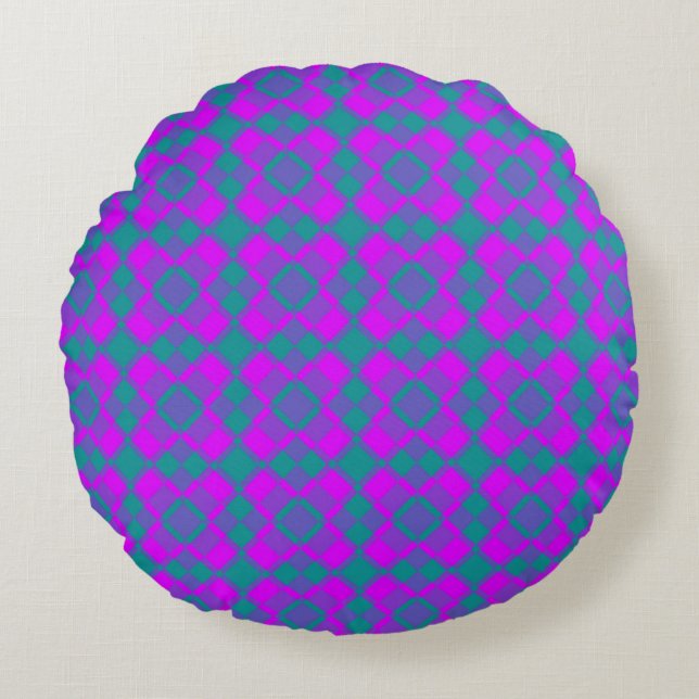 Pink Teal Purple Checker Argyle Pattern Round Pillow (Front)