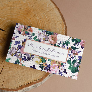 Pink teal purple gold polka dots floral business card