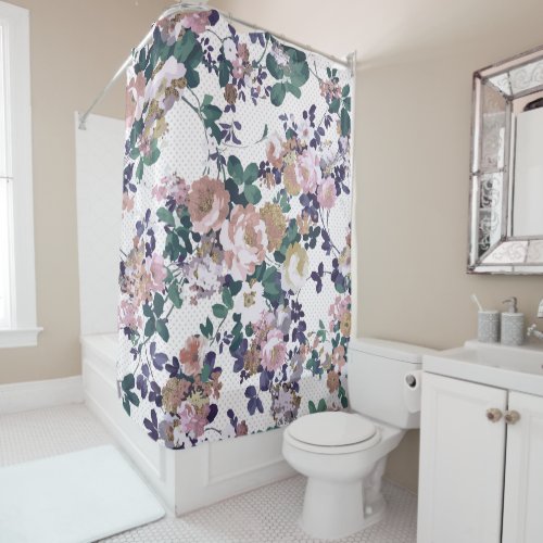 Pink teal purple gold polka dots floral shower curtain