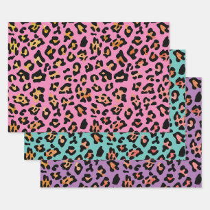 Pink Teal Purple Leopard Animal Print Wrapping Paper Sheets