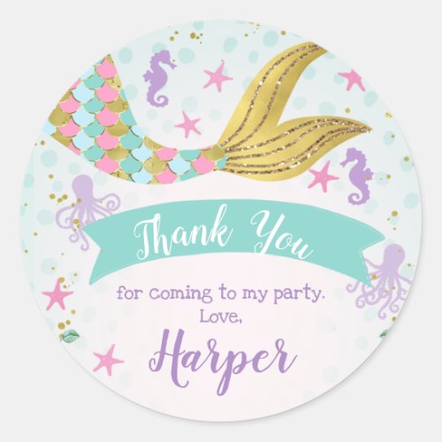 Pink Teal Purple Mermaid Birthday Favor Sticker