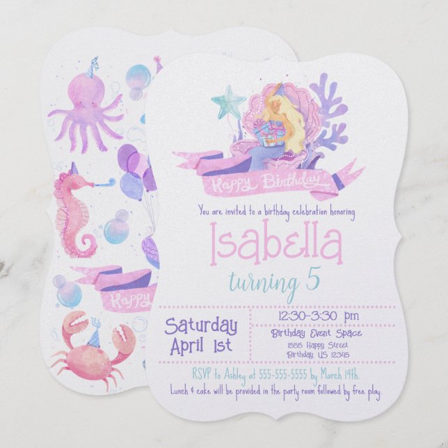Pink, Teal, & Purple Watercolor Mermaid Birthday Invitation (Front/Back)