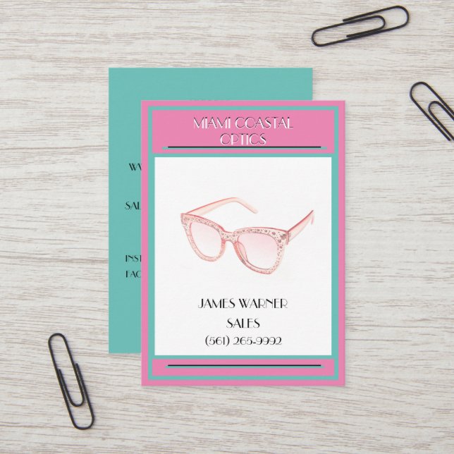Pink & Teal Retro 80's Miami  Sunglasses   Business Card (Front/Back In Situ)