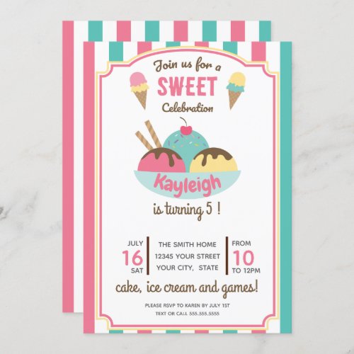 Pink Teal Retro Ice Cream Kids Birthday Party Invitation