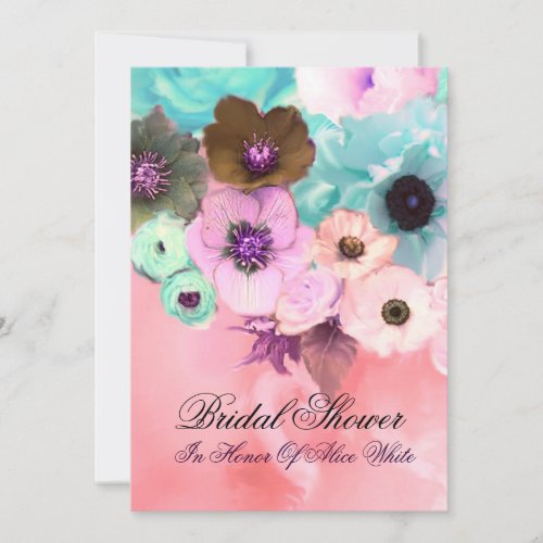 PINK TEAL ROSES AND ANEMONE FLOWERS BRIDAL SHOWER INVITATION