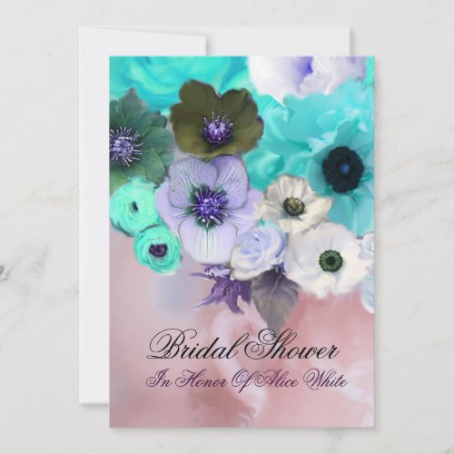 PINK TEAL ROSES AND ANEMONE FLOWERS BRIDAL SHOWER INVITATION