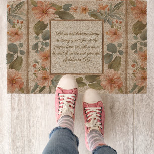 Pink Teal Sage Floral Frame Customizable Fiber Doormat