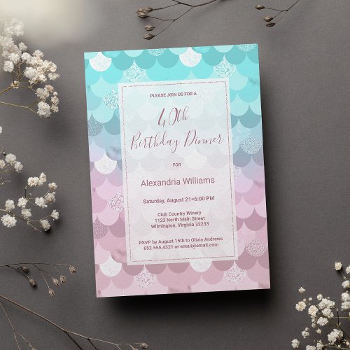 Pink teal scallop mermaid gradient 40th Birthday  Invitation