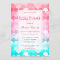 Pink teal scallop mermaid gradient Baby Shower Invitation