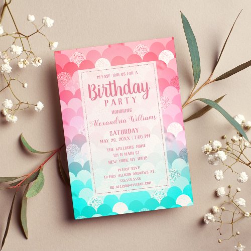 Pink teal scallop mermaid gradient Birthday Invitation Postcard