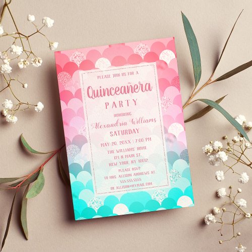 Pink teal scallop mermaid gradient Quinceaera Invitation Postcard