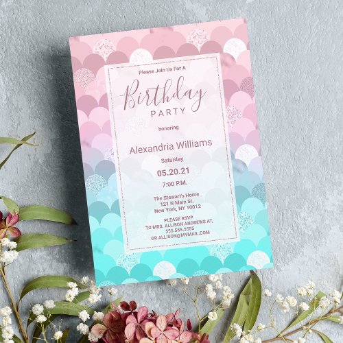 Pink teal scallope mermaid gradient Birthday Party Invitation