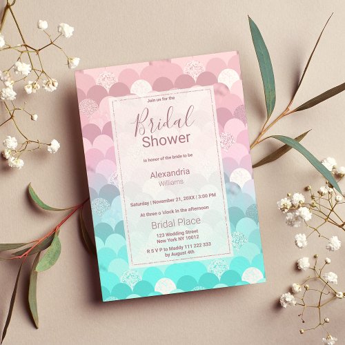 Pink teal scallope mermaid gradient Bridal Shower Invitation