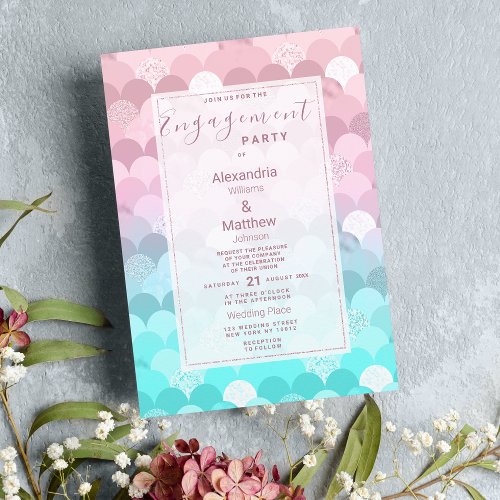 Pink teal scallope mermaid gradient Engagement Invitation