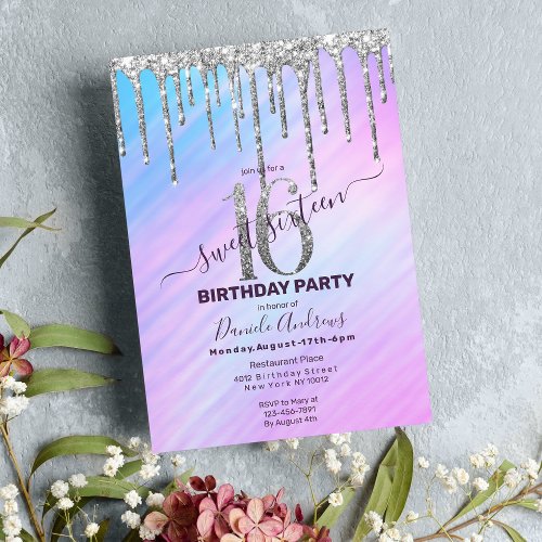 Pink Teal Silver Glitter Drips Holograph Sweet 16 Invitation
