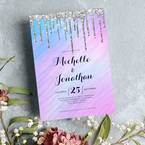 Pink Teal Silver Glitter Drips Holographic Wedding Invitation