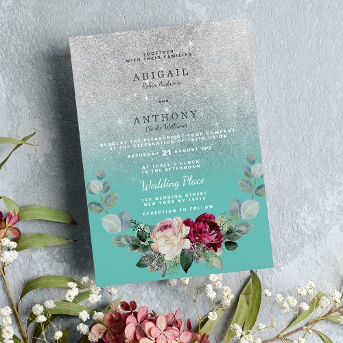 Pink teal silver glitter ombre floral wedding  invitation
