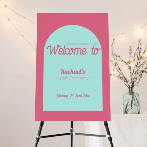 Pink Teal Solid Aqiqah Baby Shower Welcome Sign